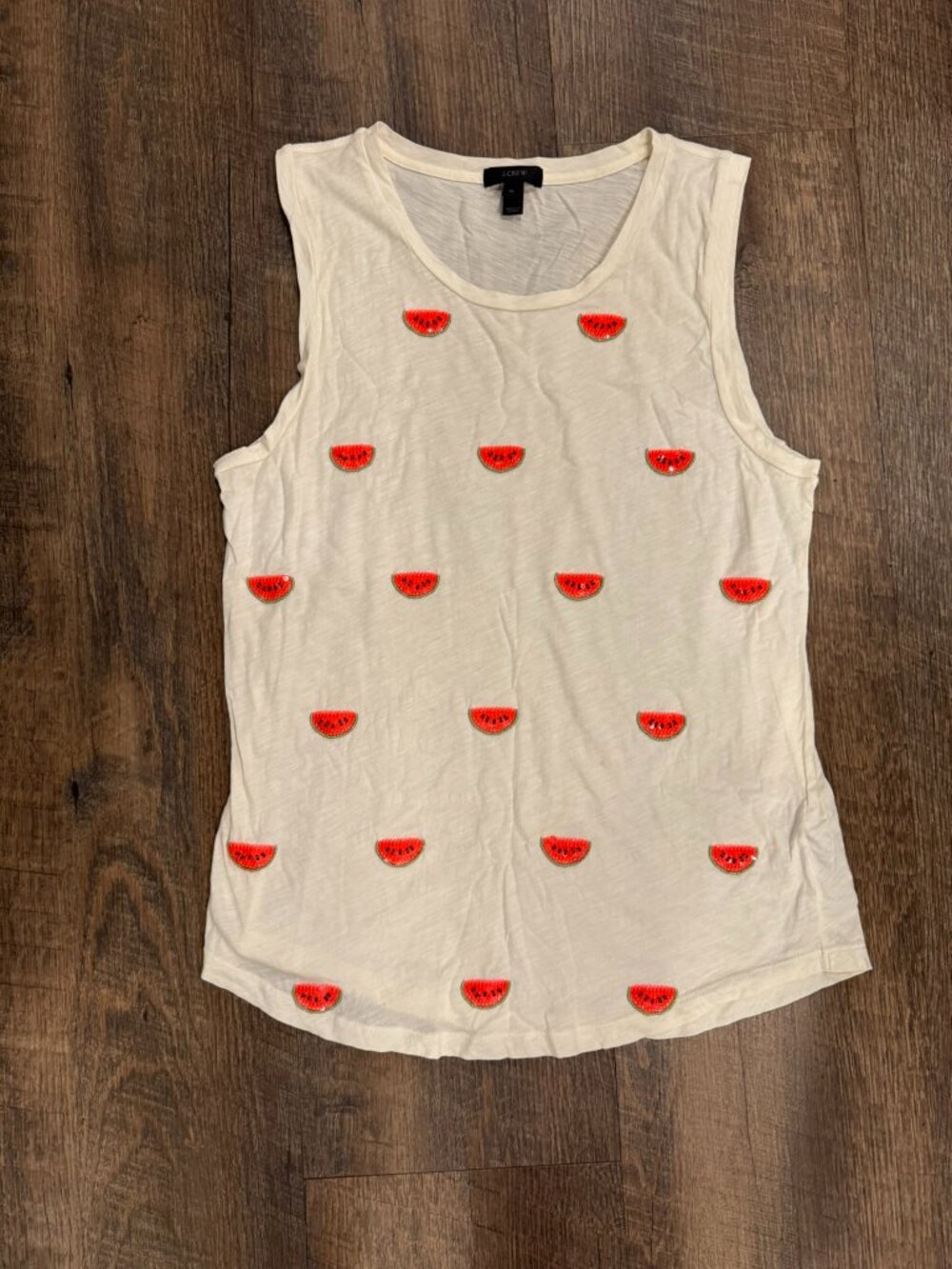 J Crew White Tank Top with Sequin Pink Orange Watermelon - Women's Medium